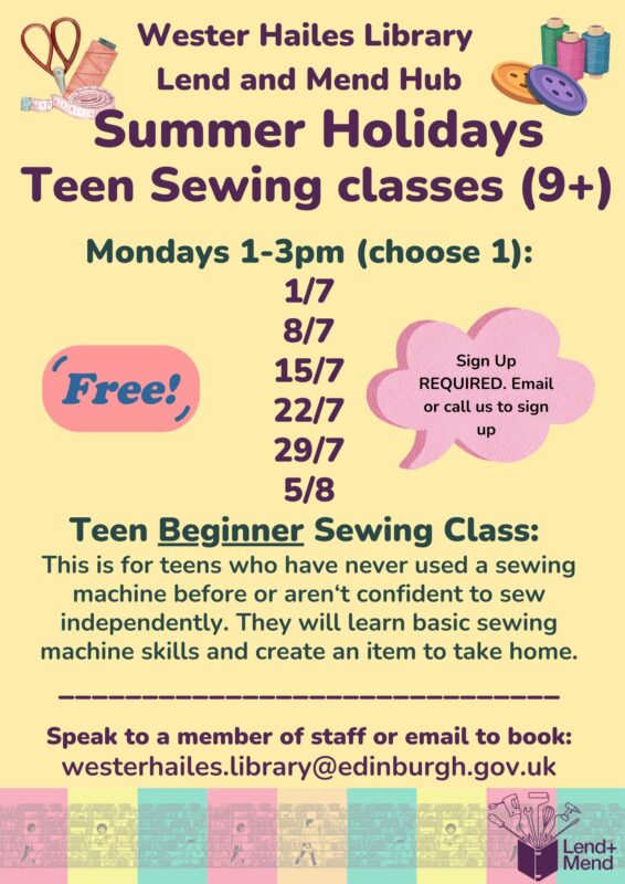 Summer Holiday Teen Sewing Classes Wester hailes Library Poster Featured Image
